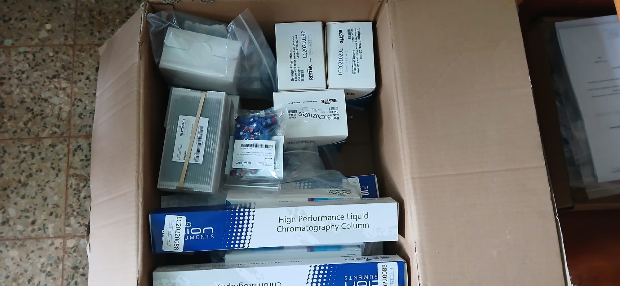 HPLC columns and accessories unpacked for installation